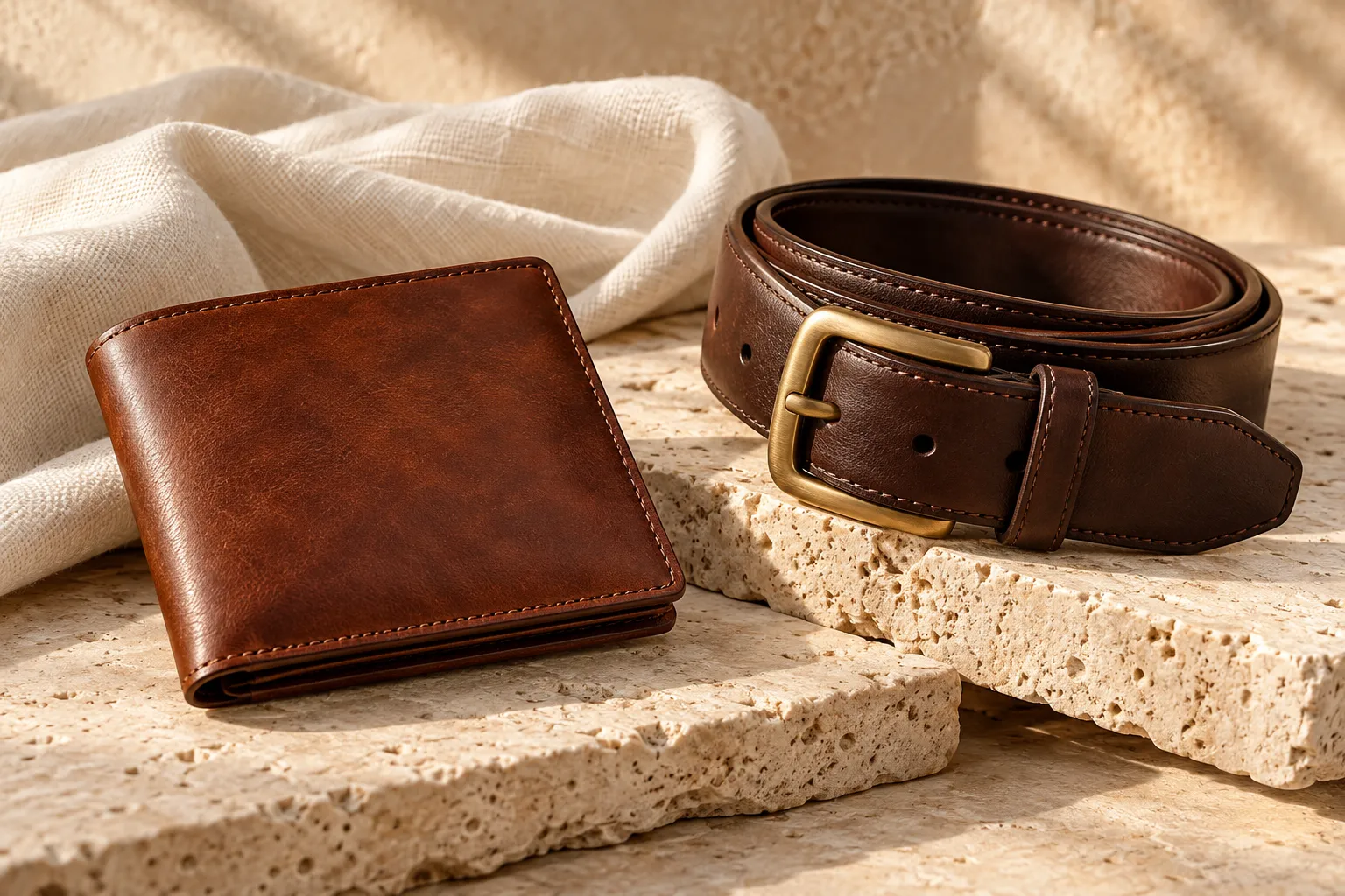 Cognac wallet and dark leather belt with a brass buckle