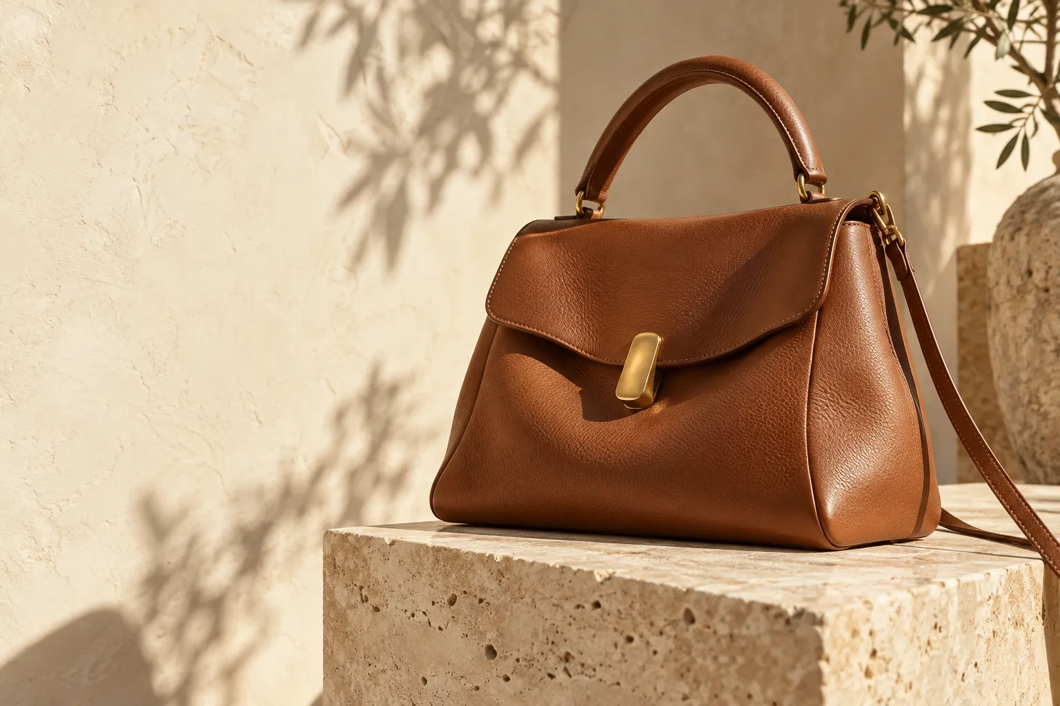 Cognac leather handbag with a gold clasp on sunlit travertine