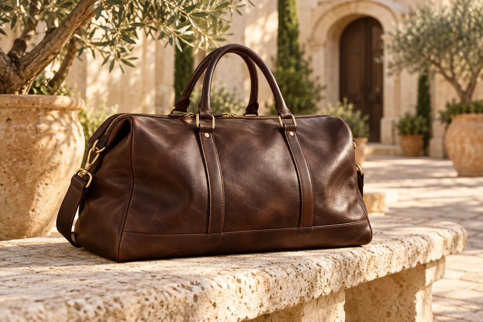 Chocolate leather weekender bag in a sunlit courtyard